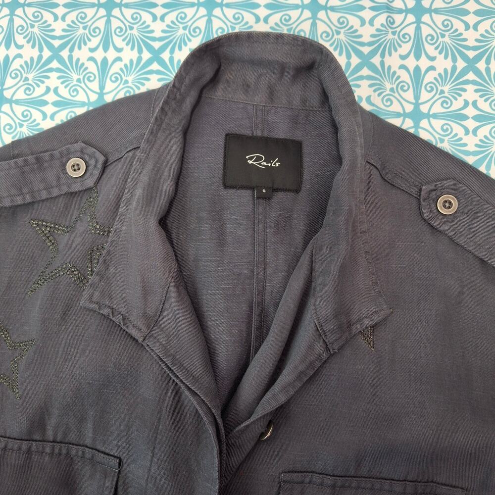 Rails Rowen Utility Jacket Star Embroidered Lyocell Linen Small S Grey Gray - Picture 4 of 14